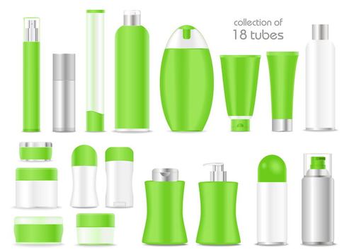 18款各种形状的洗发水洗面奶等绿色化妆品瓶子图片免抠矢量素材